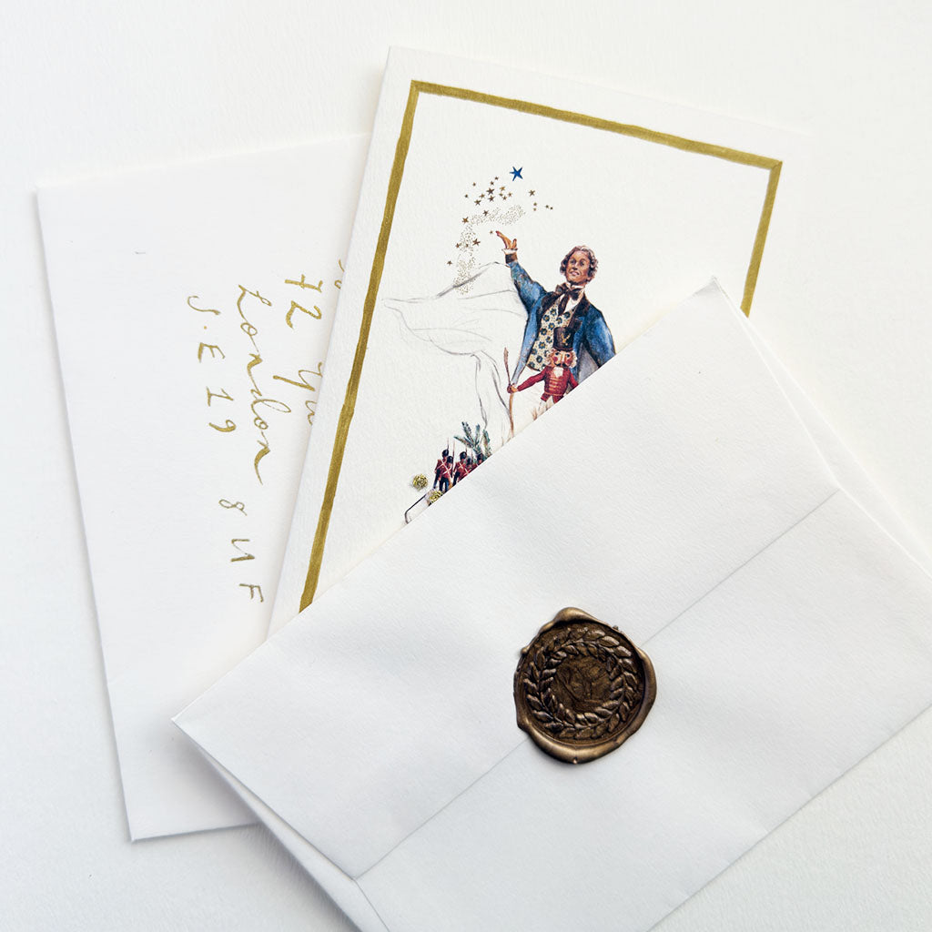 Decorative Nutcracker Greeting Card with a vintage-style illustration of Herr Drosselmeyer on a white background