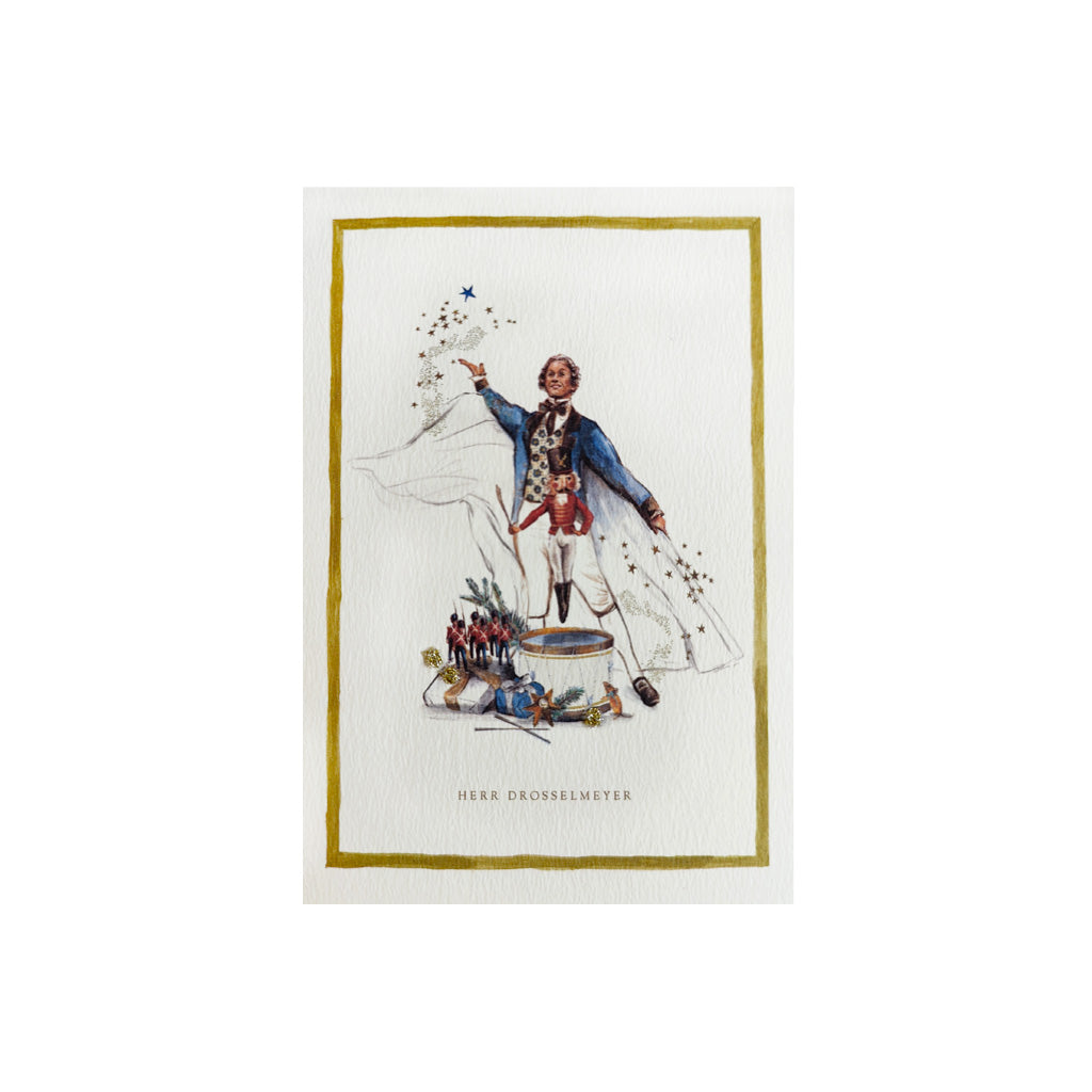 Decorative Nutcracker Greeting Card with a vintage-style illustration of Herr Drosselmeyer on a white background