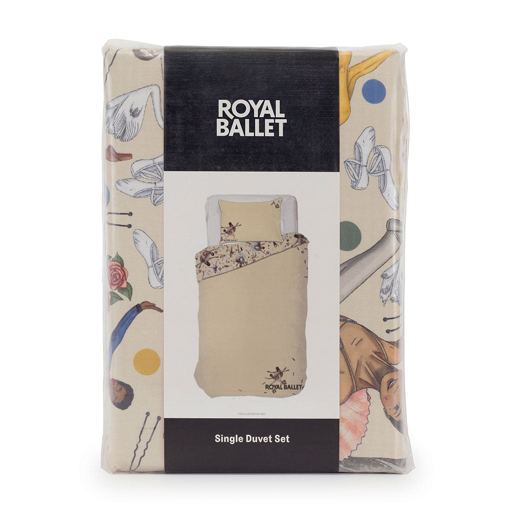 A packaged Royal Ballet single duvet set, showing the printed packaging with a central photo of the duvet on a bed. The packaging features a cream background with artistic ballet illustrations framed by black bands at the top and bottom with white text reading 'ROYAL BALLET' and 'Single Duvet Set'.