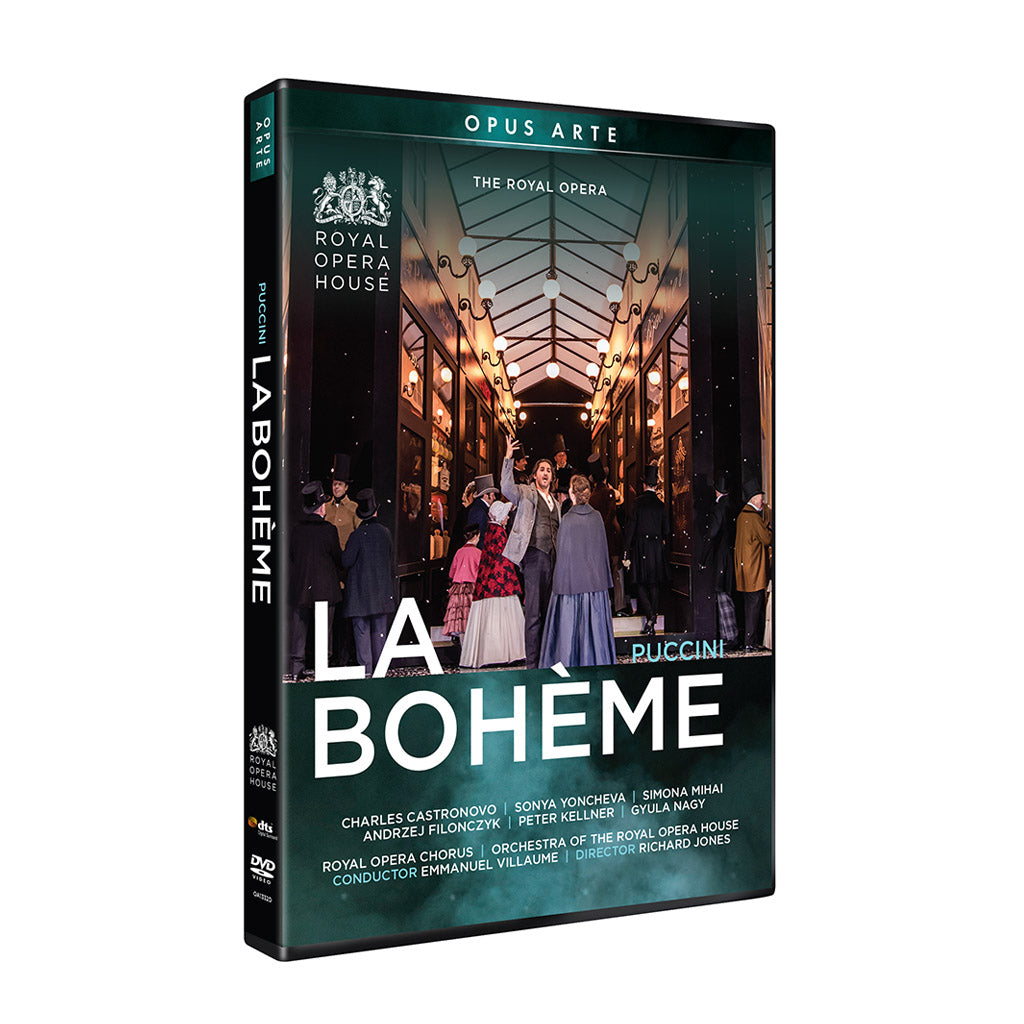 dvd cover of La Boheme with a scene from the opera on stage