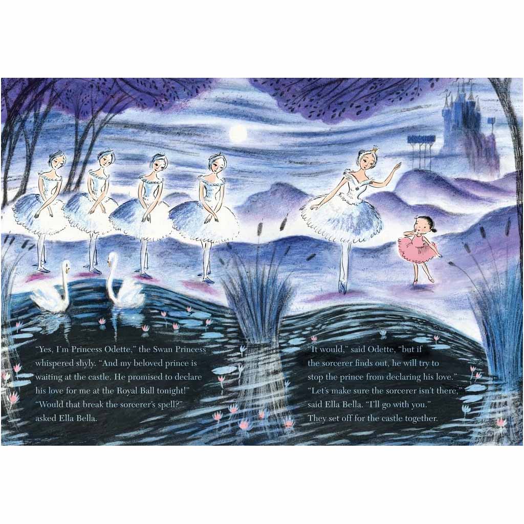 Illustration from a children&#39;s book with ballerinas and swans by a lake at night.
