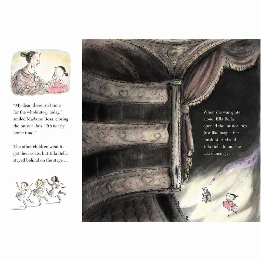 Illustrated page from a children&#39;s book with a staircase and characters on stage.