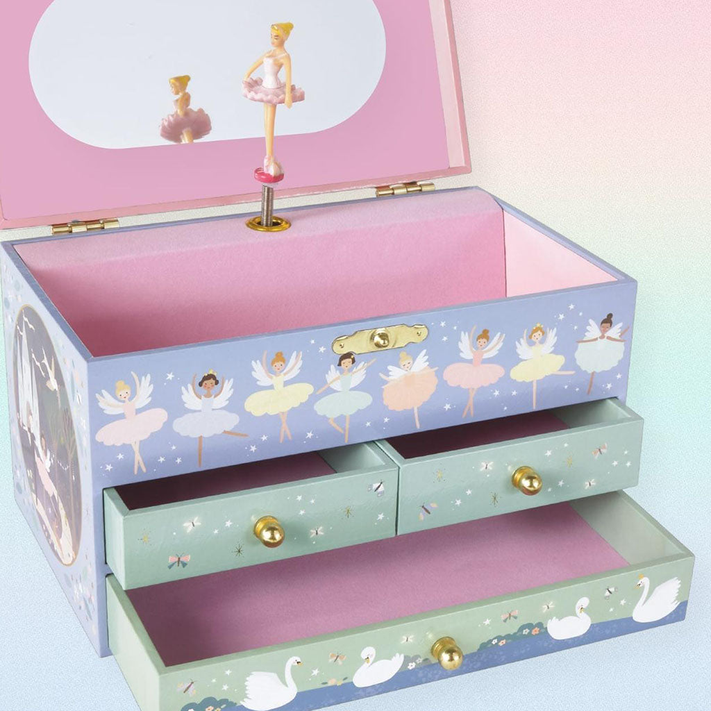 Close up of wind up jewellery box with ballerina design on a pink and green background