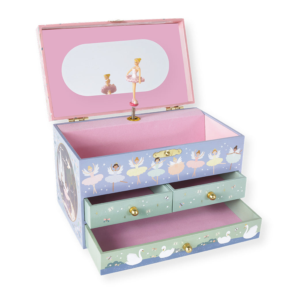 Wind up jewellery box with ballerina design on a white background