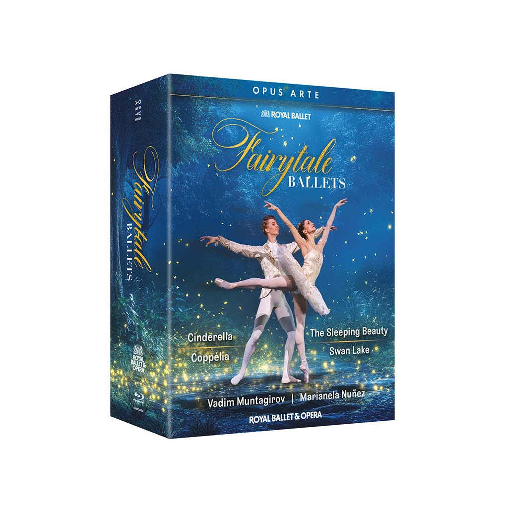Opus Arte blu-ray box set titled 'Fairytale Ballets' featuring a couple in ballet poses on a blue background.