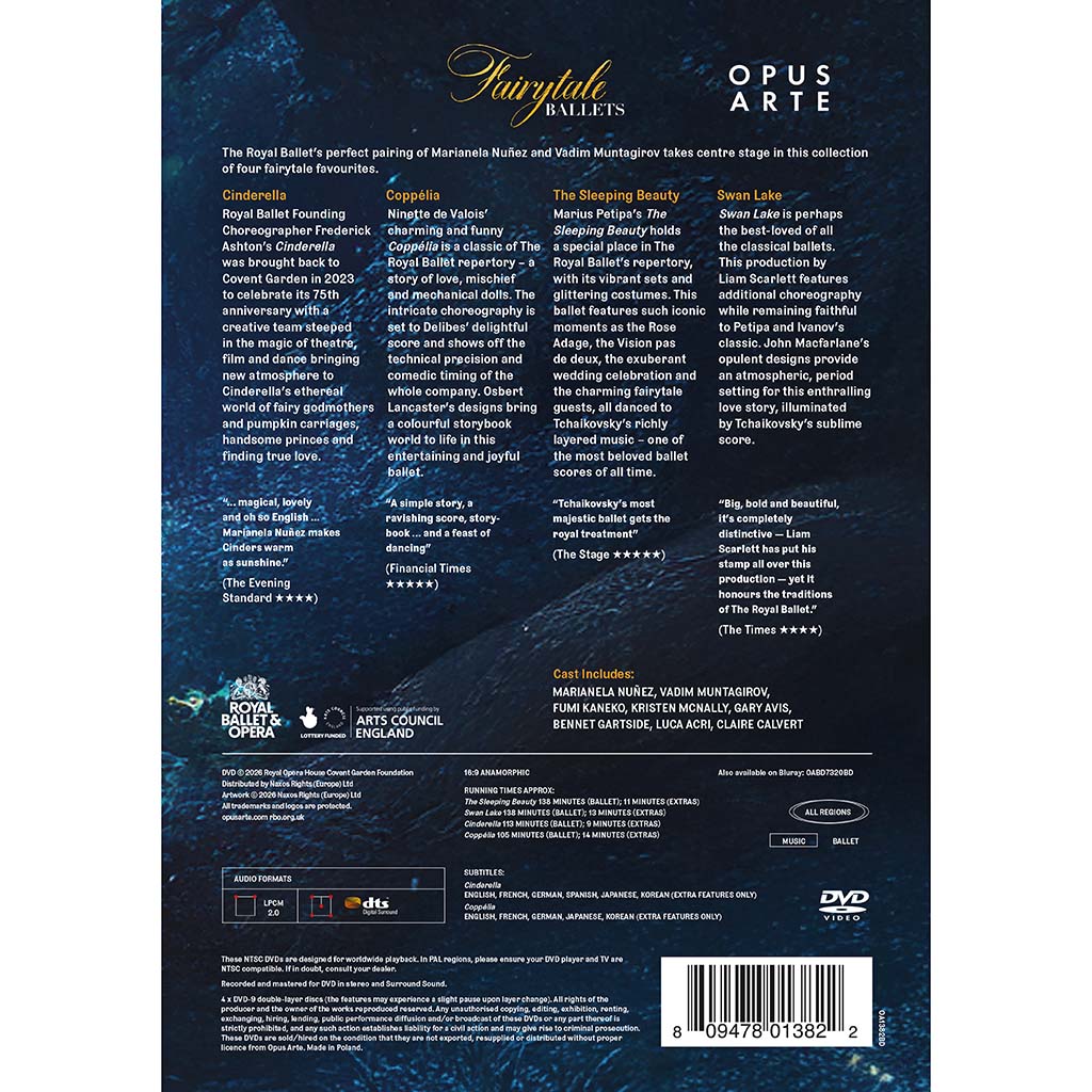 Back cover of a DVD packaging for 'Opus Arte' Fairytale Ballets with text and branding.
