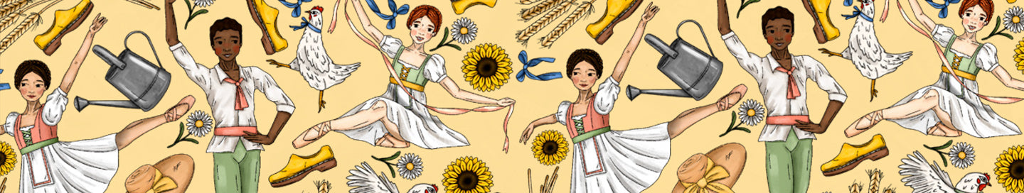 Illustrated pattern with dancers from the ballet La Fille mal gardee with animals, flowers and farm objects on a yellow background