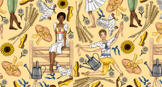 Illustrated pattern with dancers from the ballet La Fille mal gardee with animals, flowers and farm objects on a yellow background