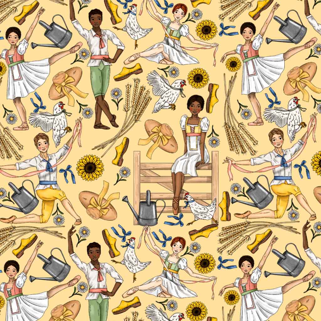 Close up of Illustrated print of La Fille mal gardee ballet pattern with dancers, sunflowers, and farm tools on a yellow background