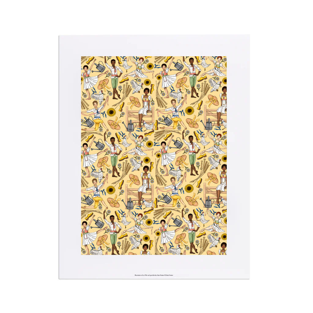 Illustrated print of La Fille mal gardee ballet pattern with dancers, sunflowers, and farm tools on a yellow background
