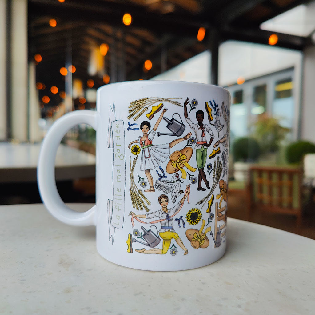 La fille mal gardee mug with a playful ballet illustration and the text Royal Ballet