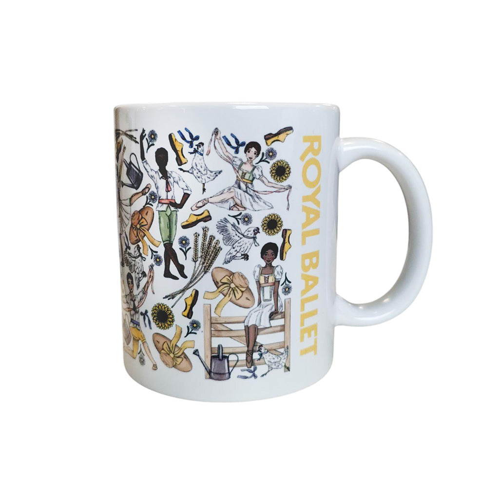 La fille mal gardee mug with a playful ballet illustration and the text Royal Ballet