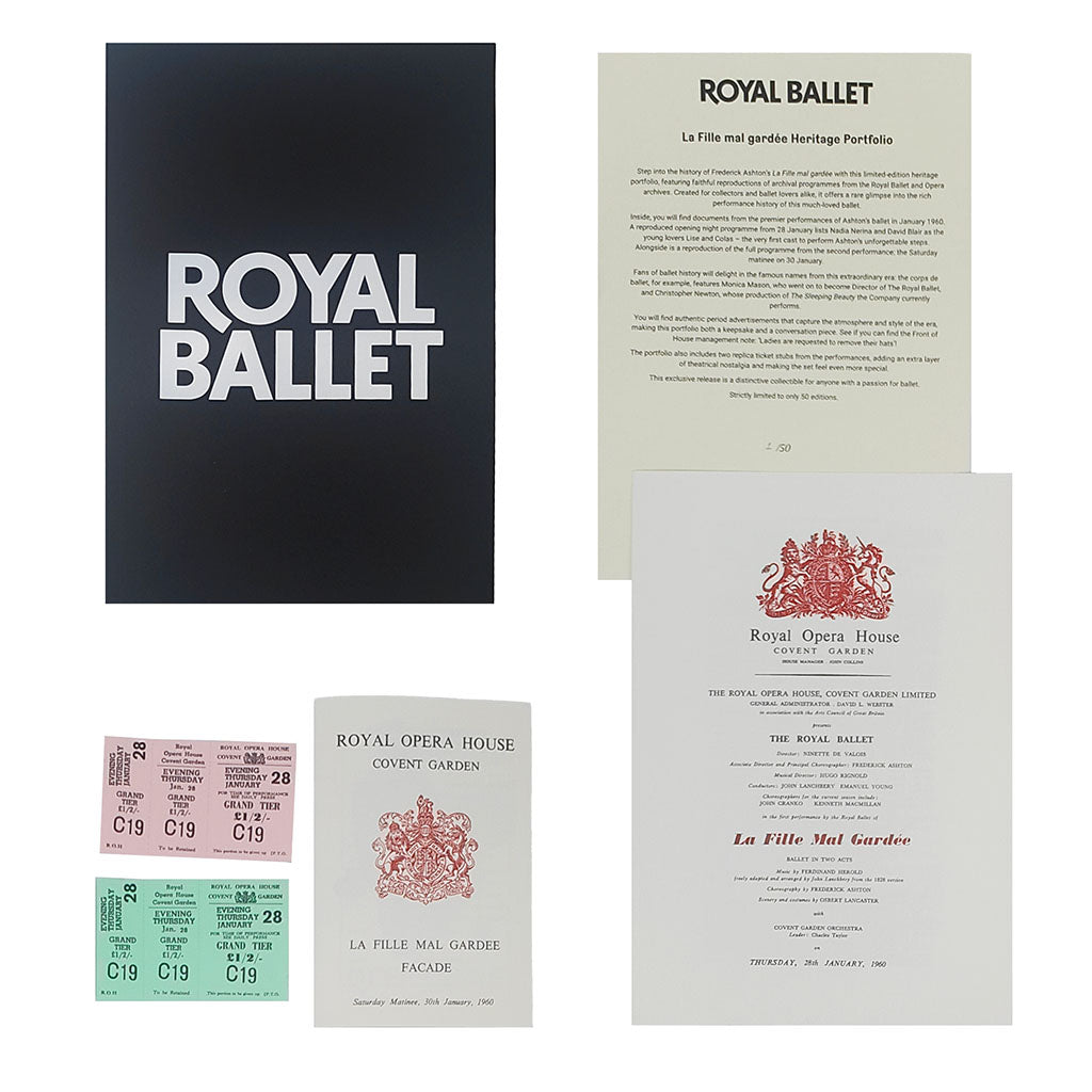 A black portfolio with text Royal Baller in white for the ballet La Fille mal gardee with a reproduction cast sheet, programme and tickets from the Royal Ballet and Royal Opera Archives on a white background