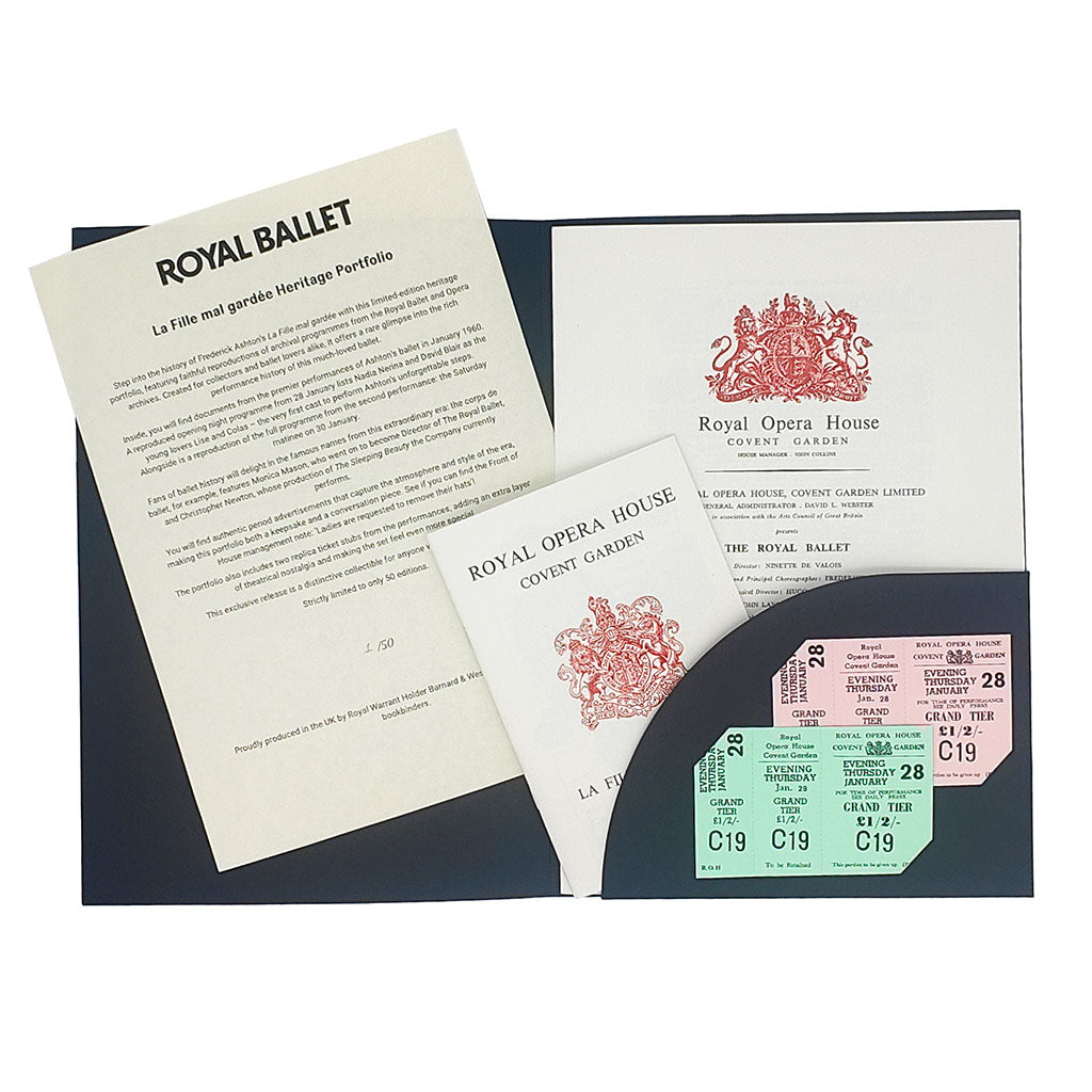 Heritage portfolio for the ballet La Fille mal gardee with a reproduction cast sheet, programme and tickets from the Royal Ballet and Royal Opera Archives on a white background