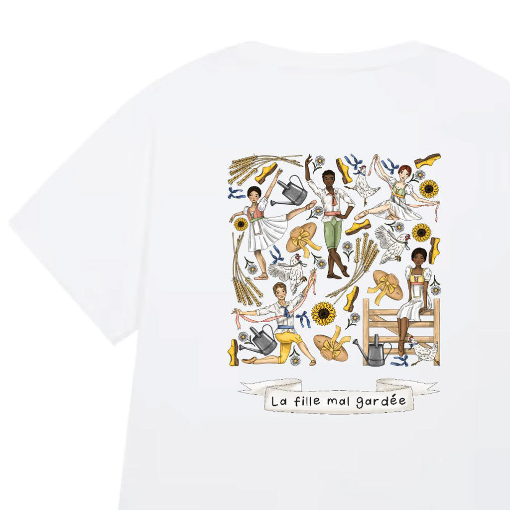 White t-shirt with an illustration from the ballet Le fille mal gardee with yellow text Royal Ballet on a white background
