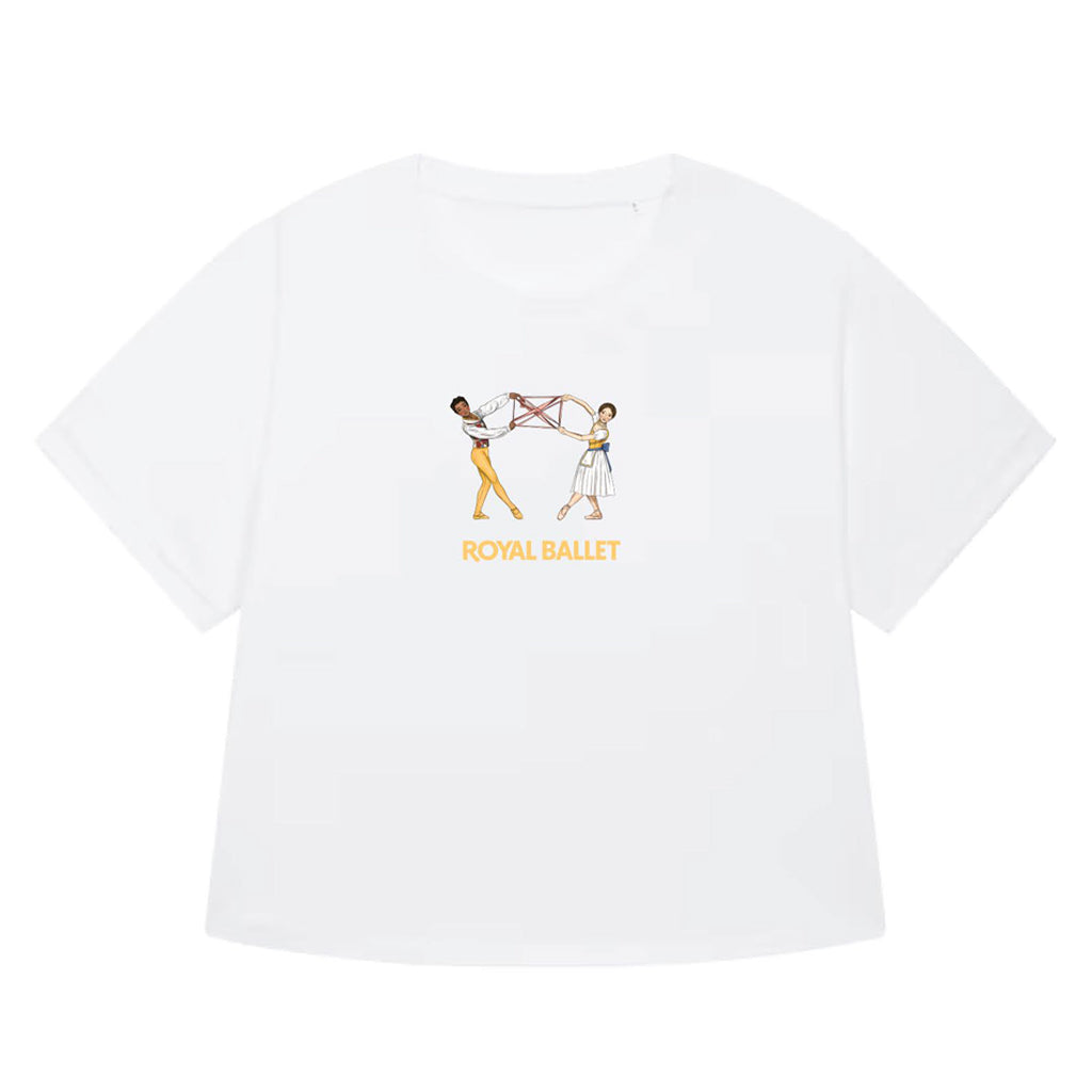 White t-shirt with an illustration from the ballet Le fille mal gardee with yellow text Royal Ballet on a white background