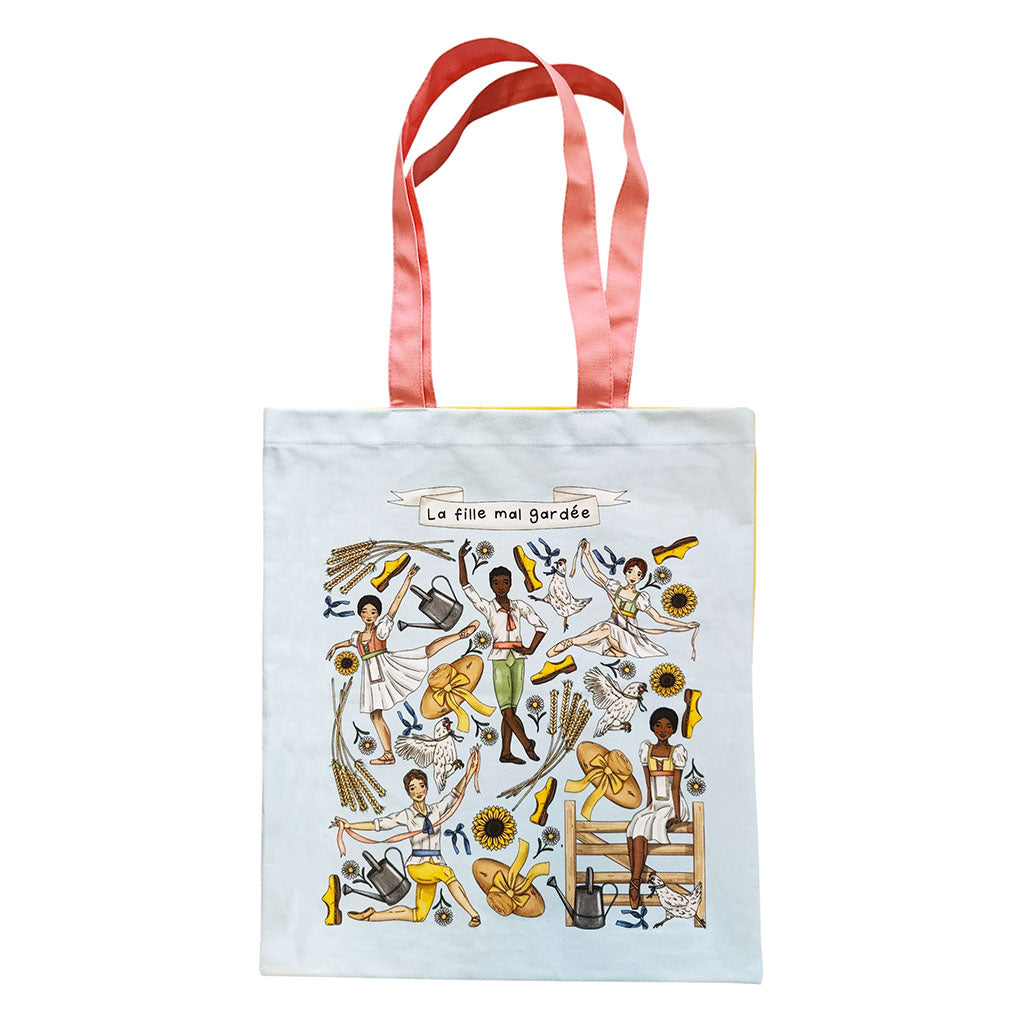 La Fille mal gardee illustrated tote bag with dancers, sunflowers, watercans, and sunhats the tote is light blue with pink handles