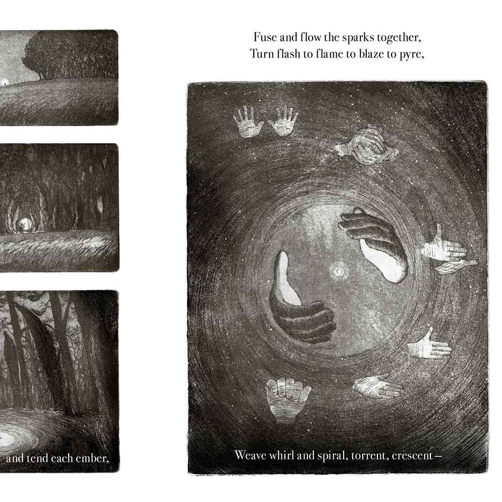 Black and white illustration with abstract designs and text on a white background