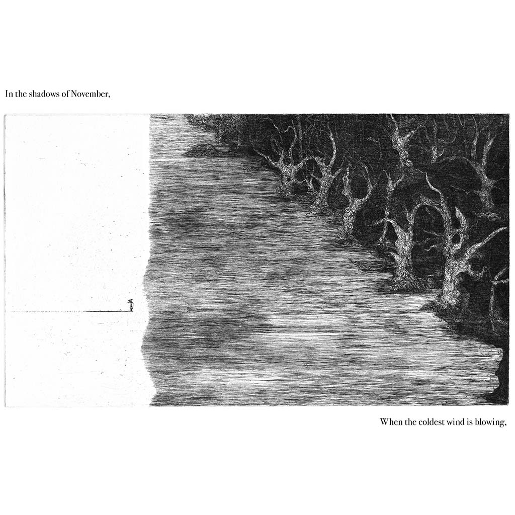 Black and white illustration of a forest path with text overlay on a white background