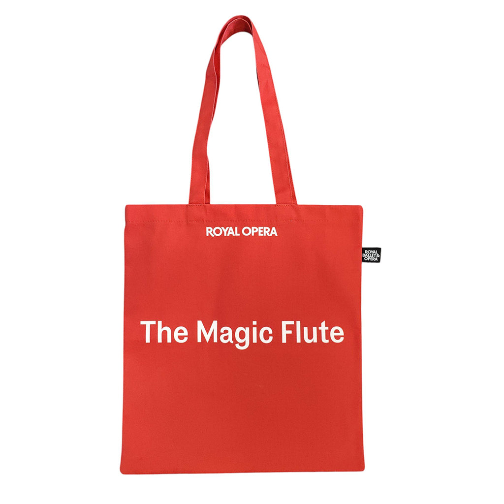 Red tote bag with &#39;The Magic Flute&#39; and &#39;Royal Opera&#39; text on a white background