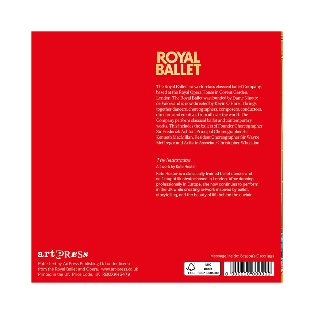 Back cover of Kate Hester's Christmas Cards with 'Royal Ballet' text on a red background
