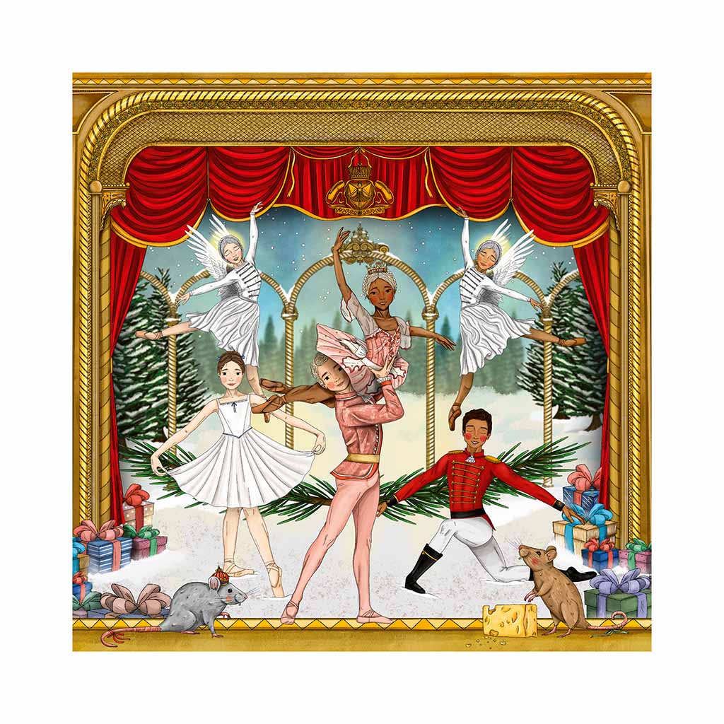 Christmas Card Illustration of dancers and animals on a stage with red curtains and gold frame