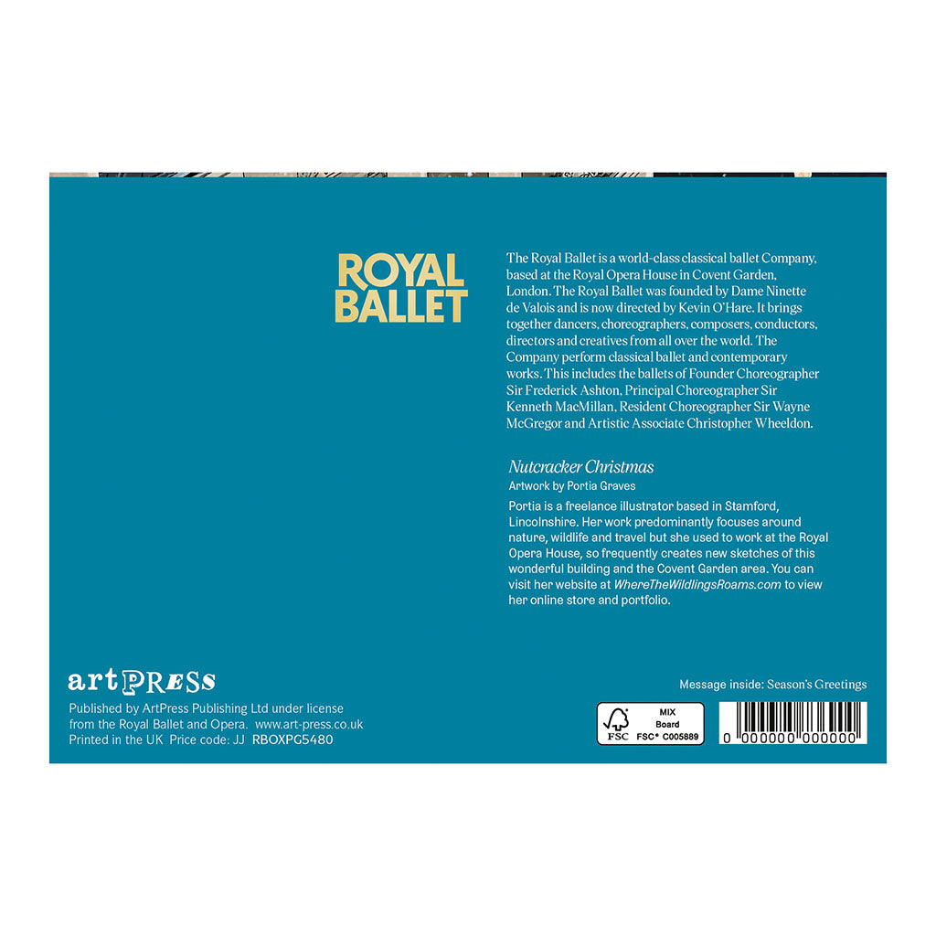 Back cover of a Portia Graves The Nutcracker Christmas Card with 'Royal Ballet' branding and text.