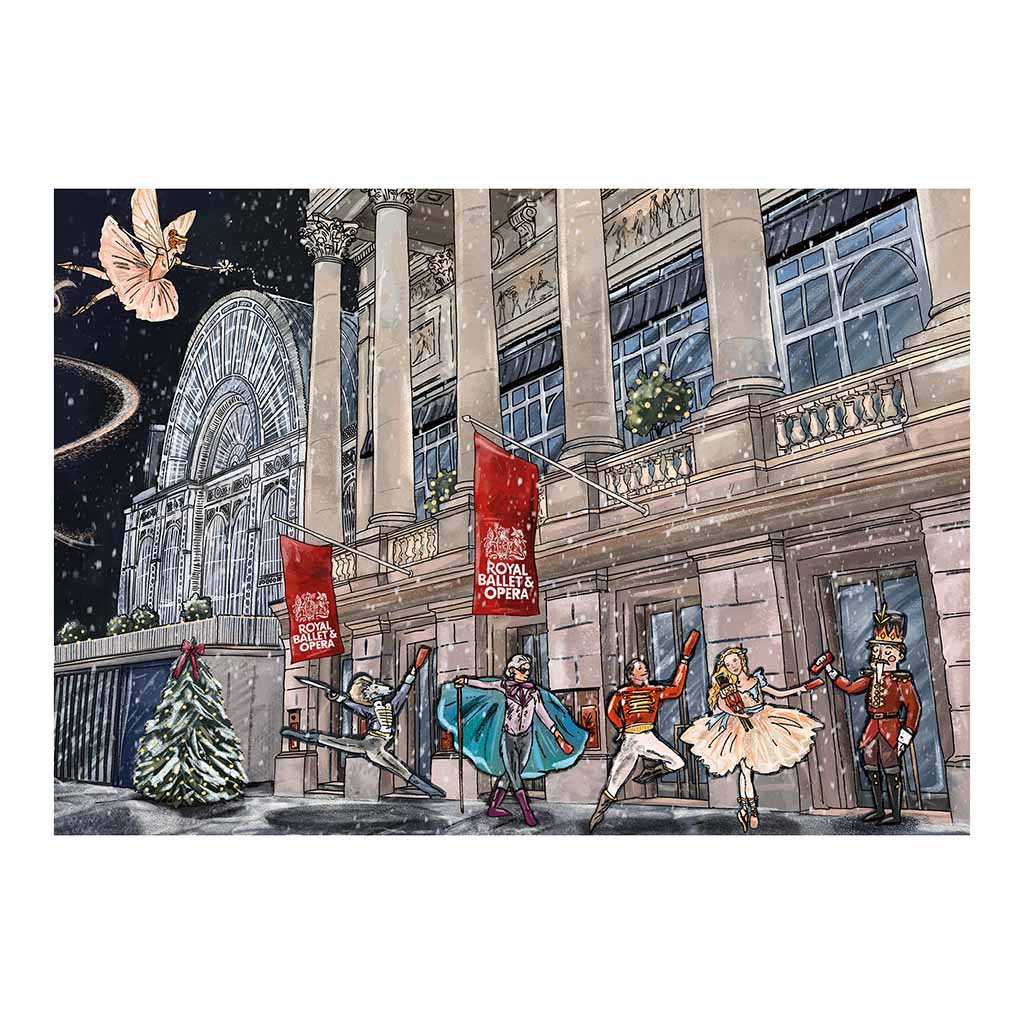 Illustration of ballet dancers from The Nutcracker in front of a the Royal Opera House with Christmas decorations.