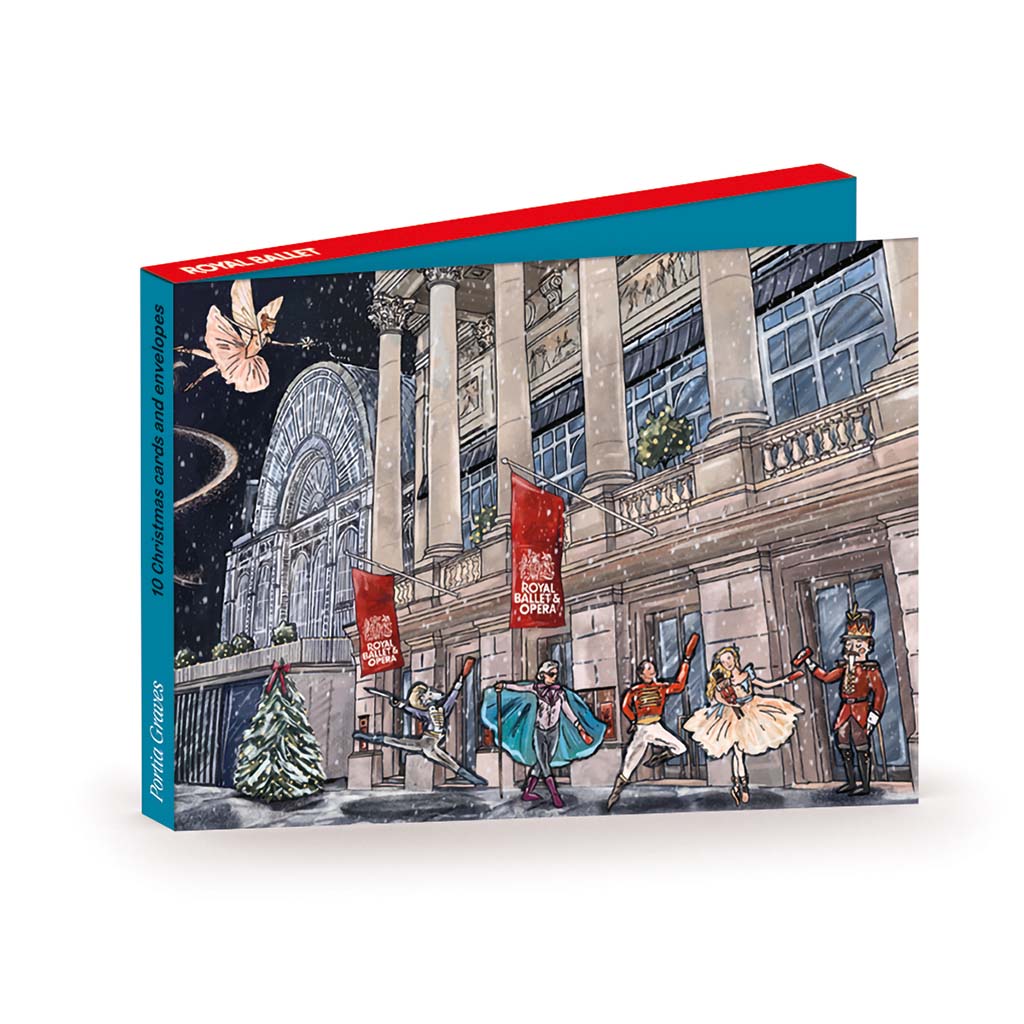 Christmas card set with illustration by Portia graves of characters from The Nutcracker ballet in front of the Royal Opera House