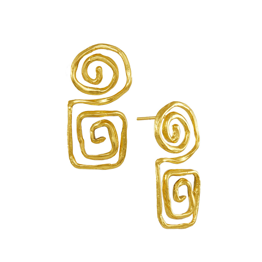 Gold spiral earrings on a white background
