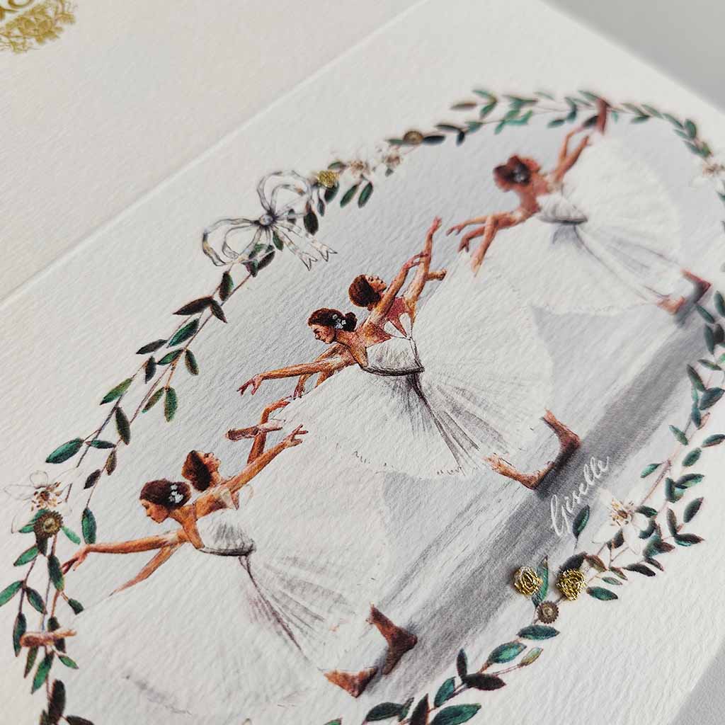 Greeting card with an illustration of the corps de ballet in Giselle on a white background