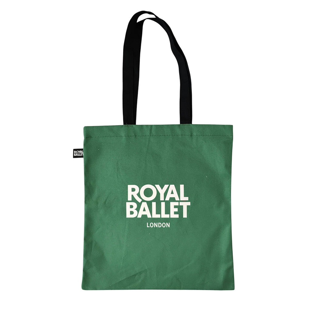 Back view of green Gislle tote bag with 'Royal Ballet London' text on a white background
