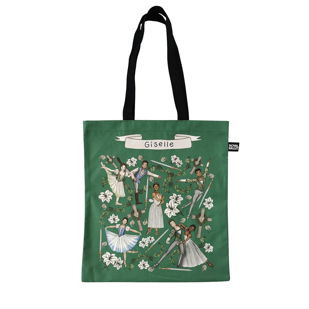 Green tote bag with 'Giselle' ballet design and black handles on a white background