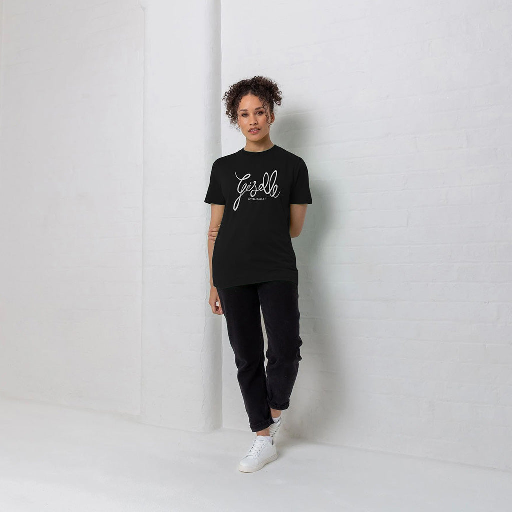 Black t-shirt with white text Giselle on  model