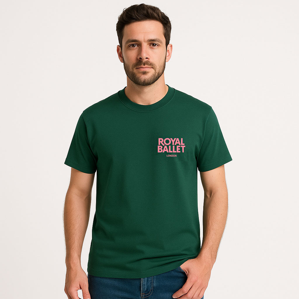 Green t-shirt with 'Royal Ballet London' on pink on the left chest on a white background