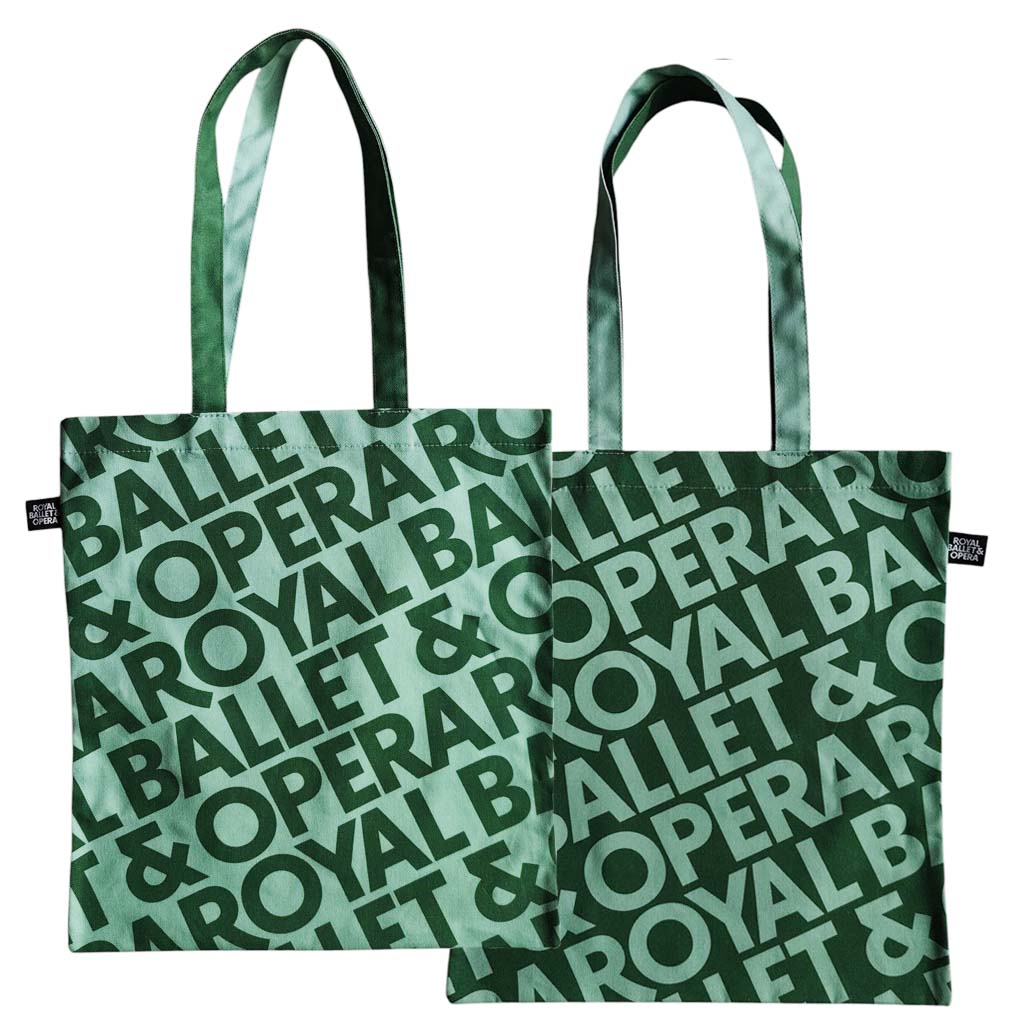 Green tote bag front and back view with &#39;Ballet &amp; Opera Royal&#39; text on a white background