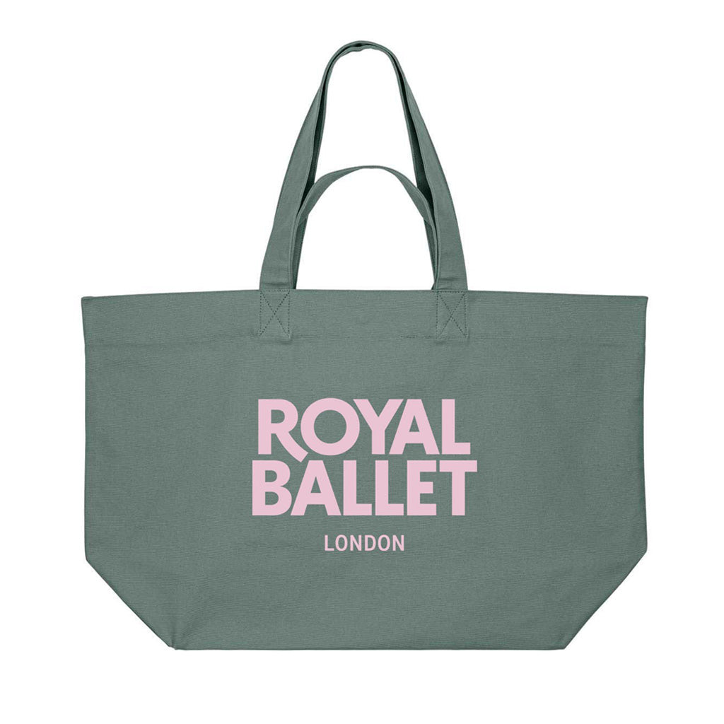 green shopper bag with pink text 'Royal Ballet London' on a white background