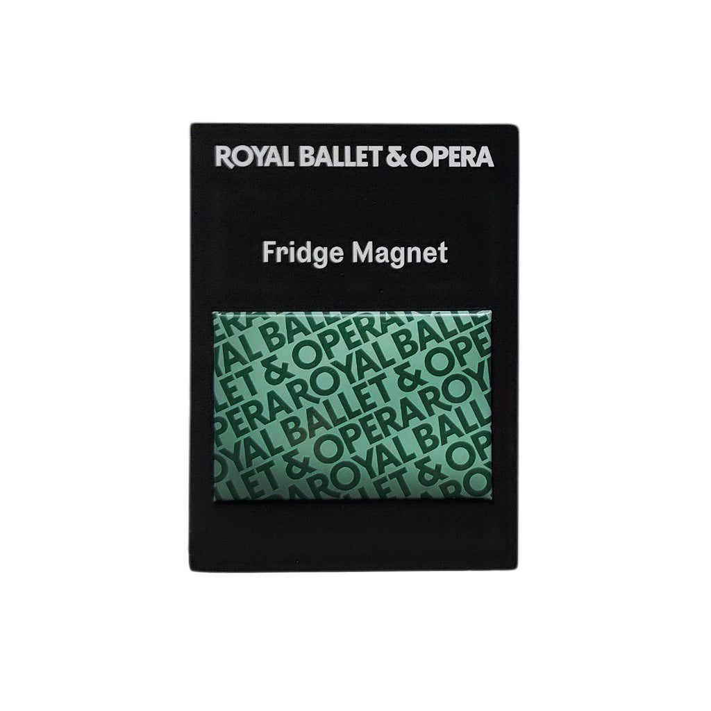 Green fridge magnet on black card with &#39;Royal Ballet &amp; Opera&#39; text on a white background