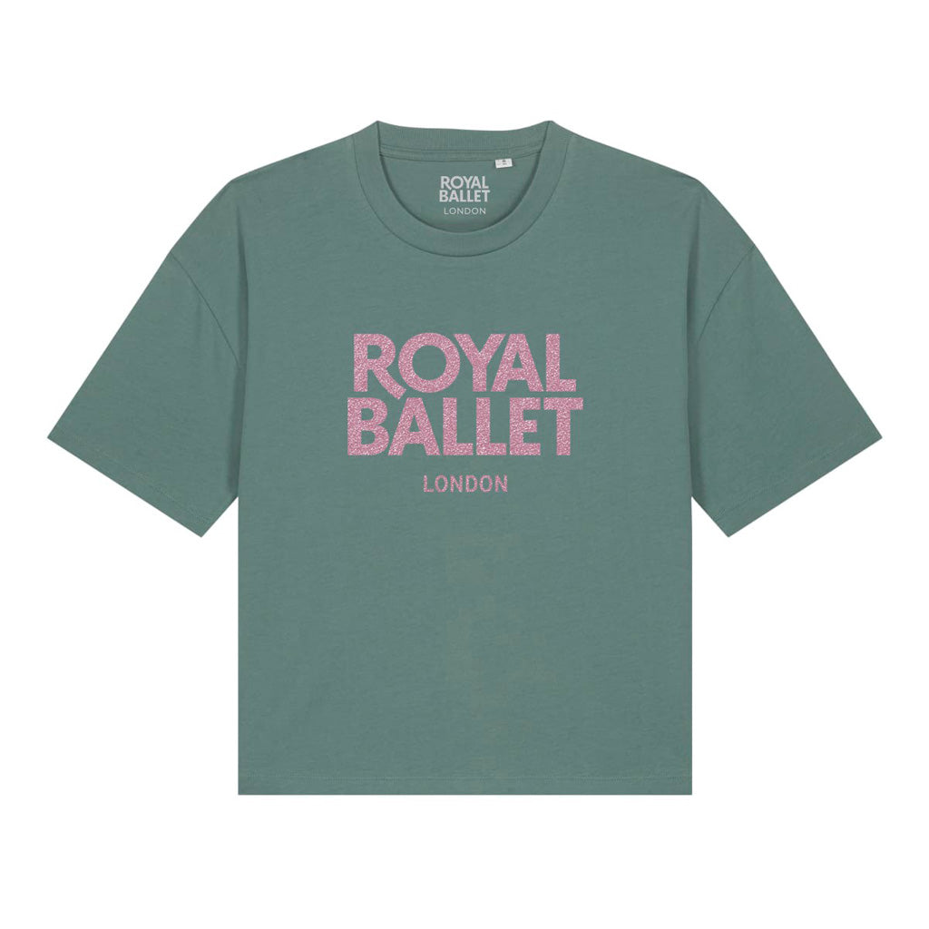 Green t-shirt with 'Royal Ballet London' text on a white background