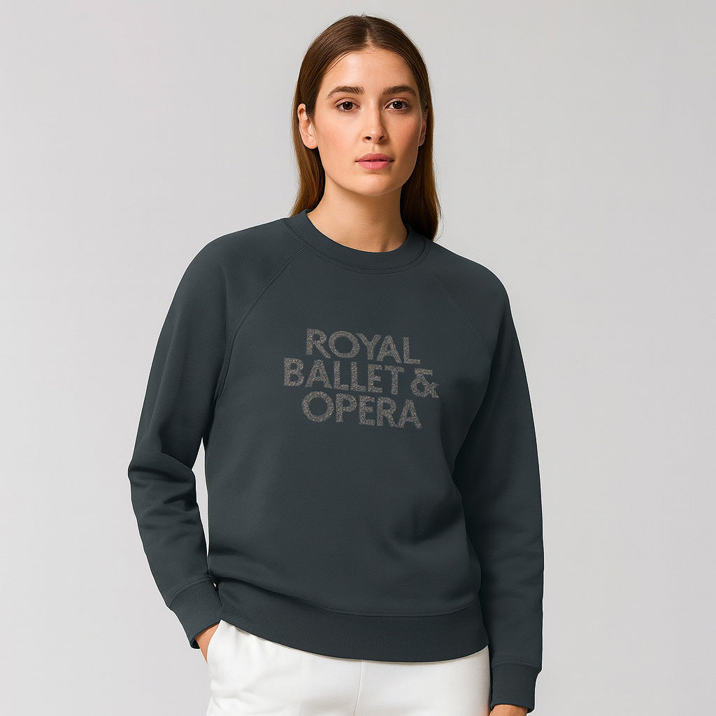 Dark gray sweatshirt with 'Royal Ballet & Opera' text on a white background