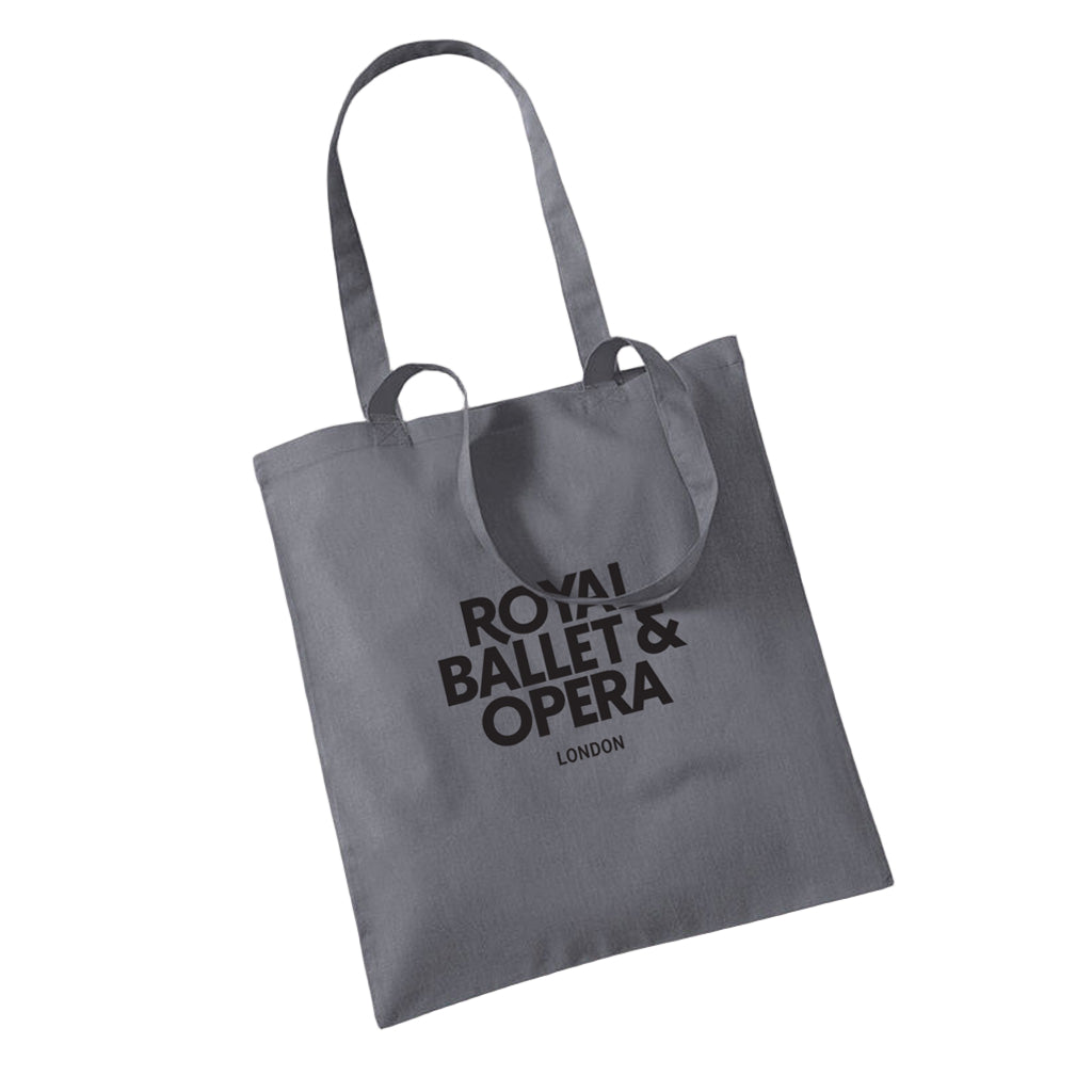 grey tote bag with &#39;Royal Ballet &amp; Opera London&#39; in back texts on a white background