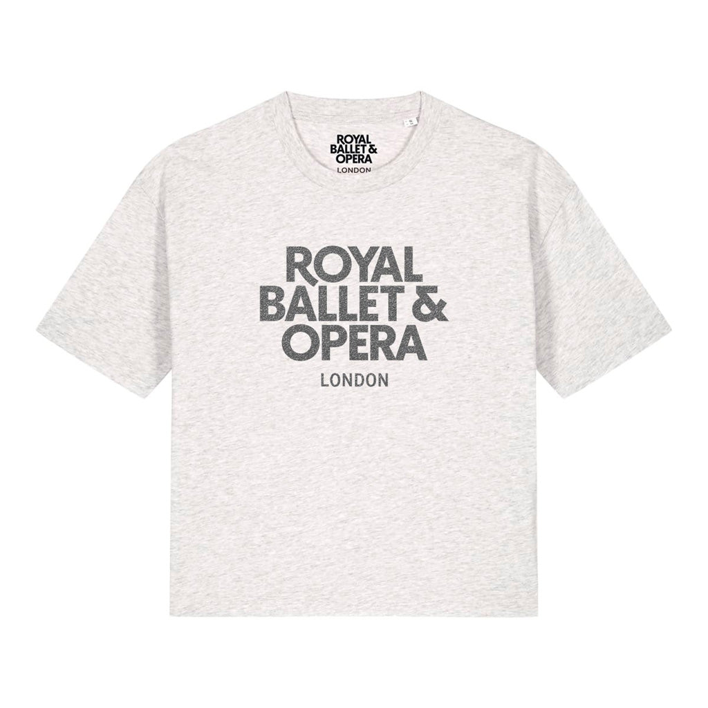 Gray t-shirt with 'Royal Ballet &amp; Opera London' text on a white background