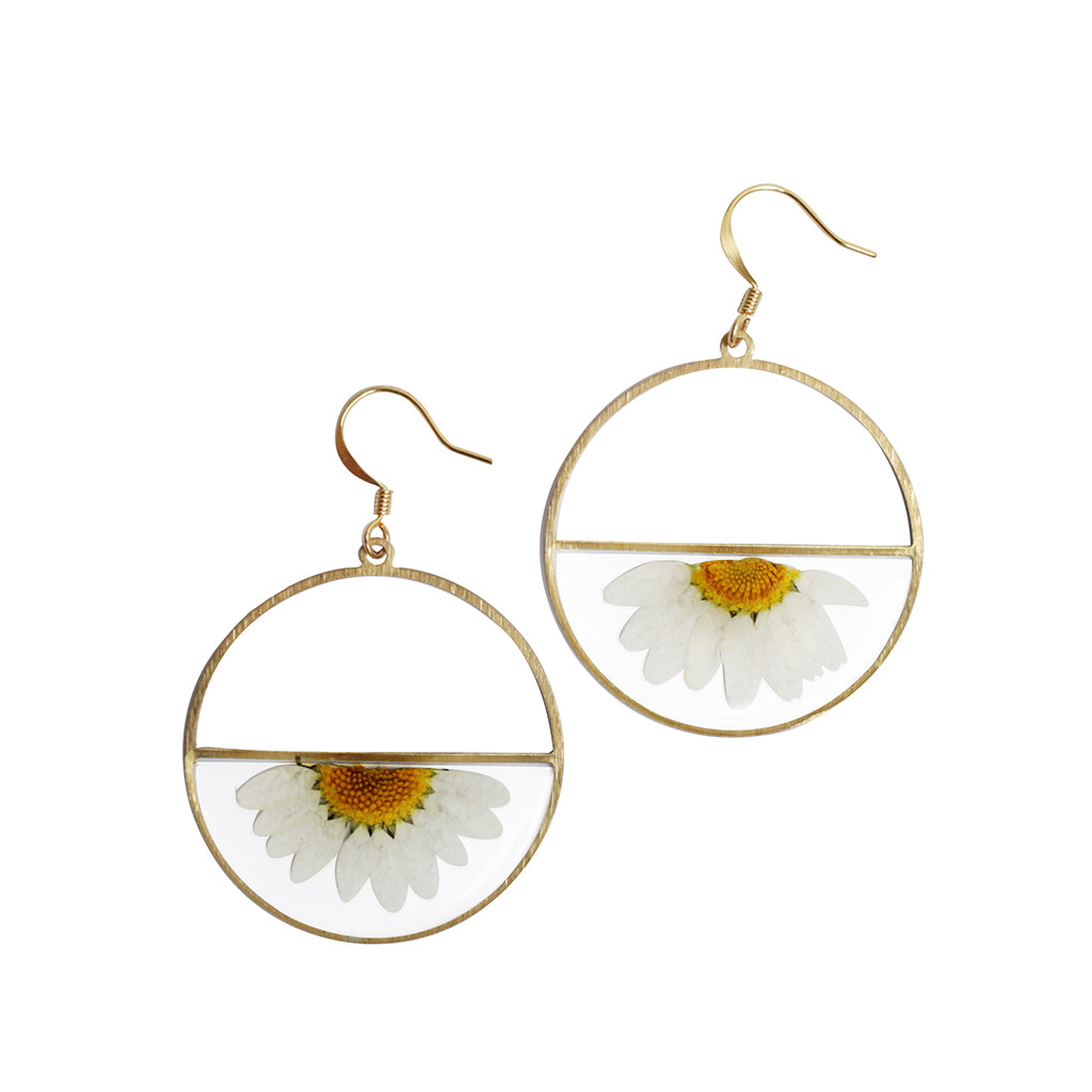 Gold hoop earrings with daisy flowers on a white background