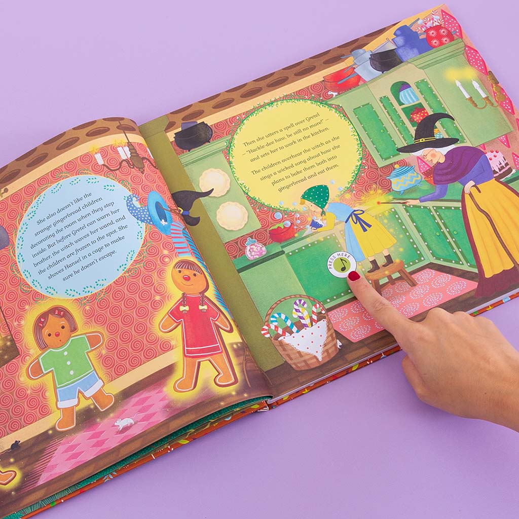 Colourful children&#39;s book open to a page with illustrations and a hand pointing at the music button on a purple background