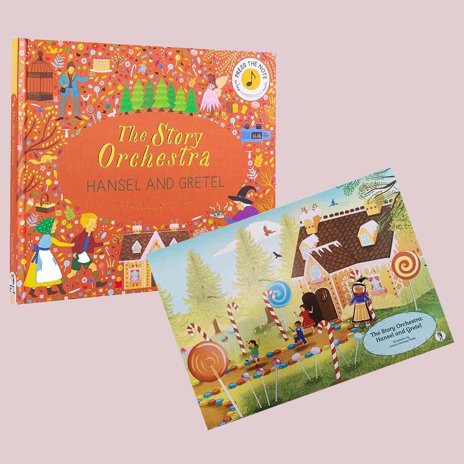 Children&#39;s book titled &#39;The Story Orchestra Hansel and Gretel&#39; with a free print on a pink background
