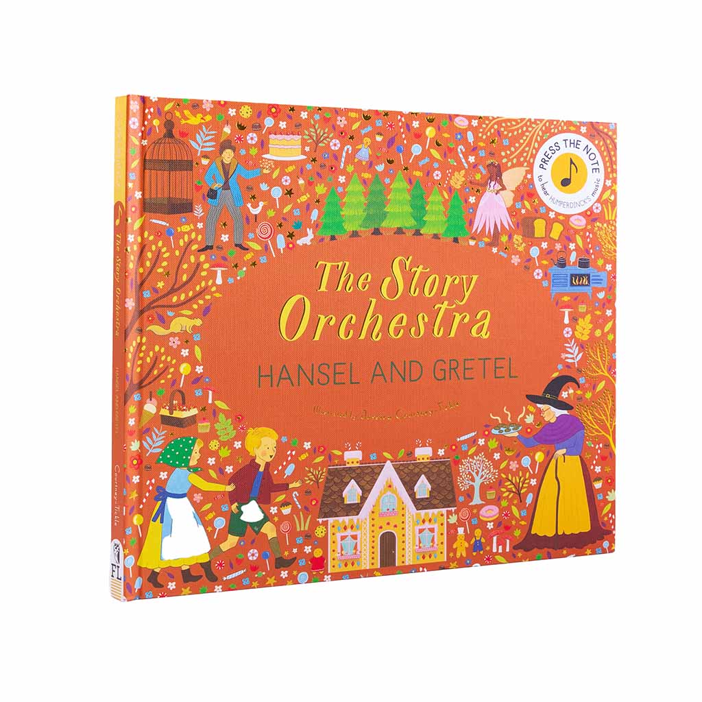 Book cover of &#39;Hansel and Gretel&#39; from &#39;The Story Orchestra&#39; with colourful illustrations and a gingerbread house.