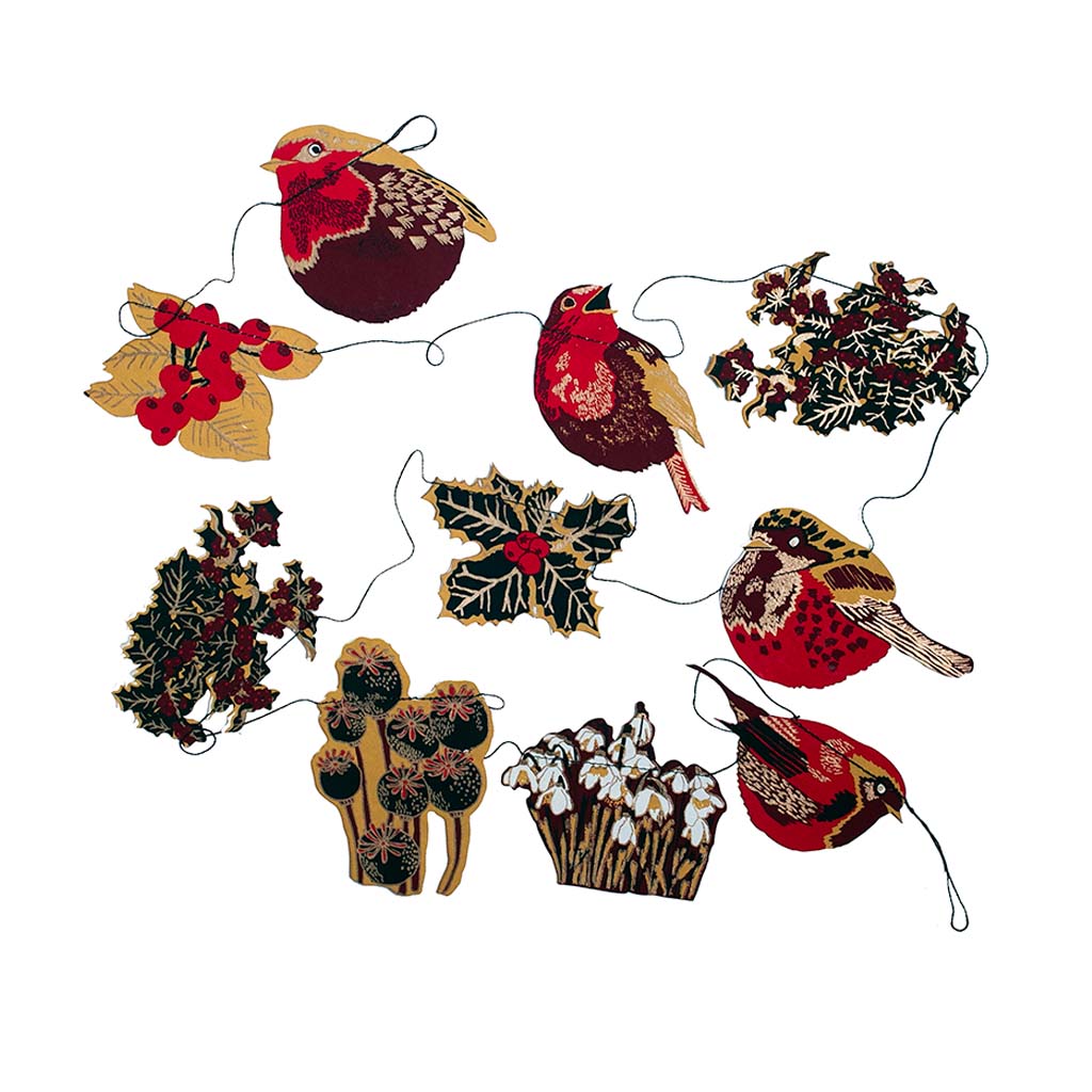 Hedgerow paper garland with robins, holly and berries on a string on a white background