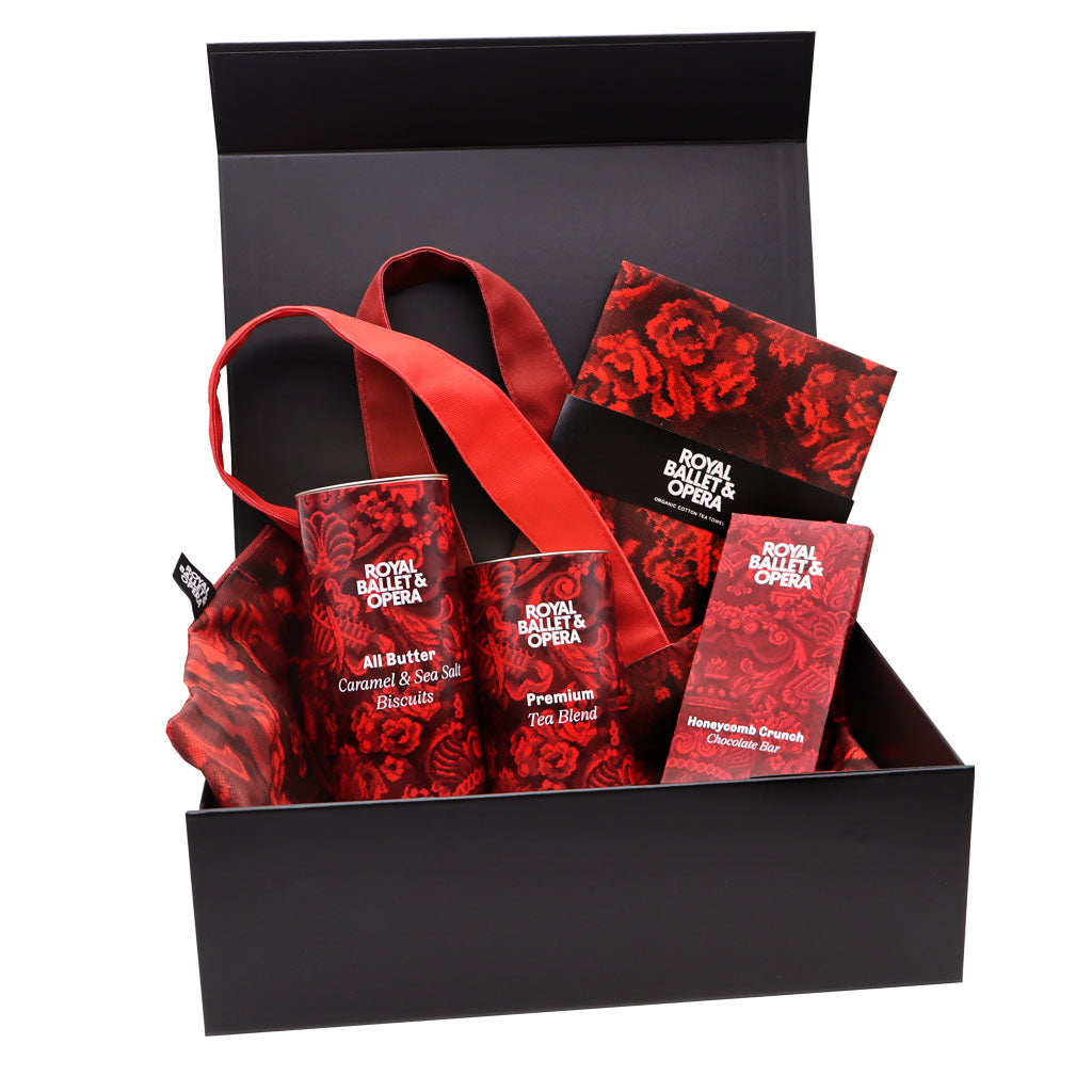 Heritage Gift Box with RBO carpet design, including a tote, chocolate bar, tea towel and tins of Biscuits and tea