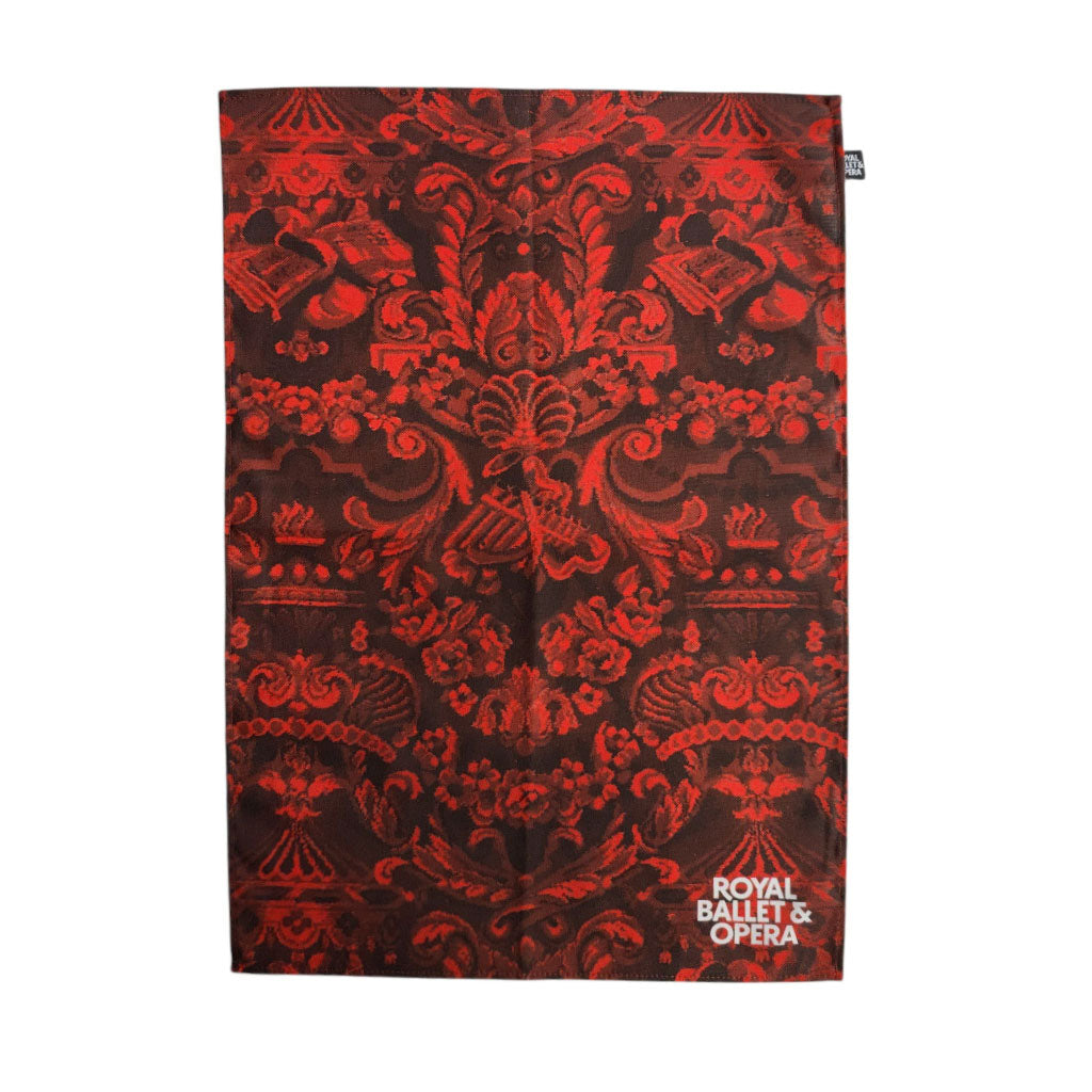 Red and black patterned Heritage Tea Towel with &#39;Royal Ballet &amp; Opera&#39; logo on a white background