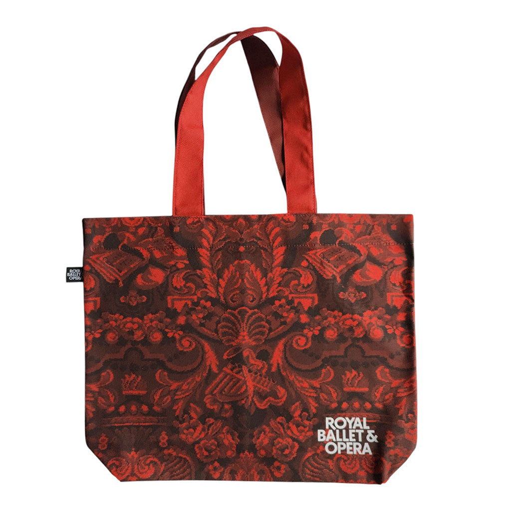 Heritage Shopping bag with red and brown pattern and &#39;Royal Ballet &amp; Opera&#39; text on a white background